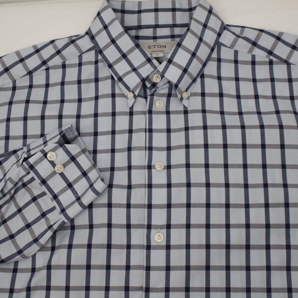 ETON Shirt Men's 17 3/4 45 Cambridge Contemporary Cotton Blue Plaid Button Down